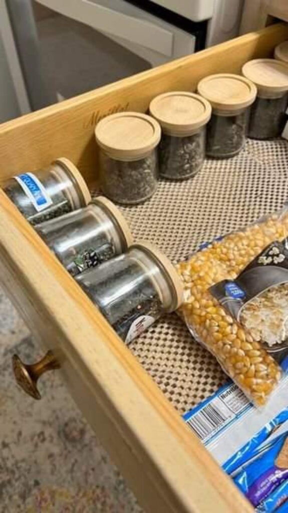 organized rv kitchen drawer with glass jars