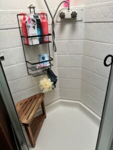 rv shower bench corner stool inside small camper shower