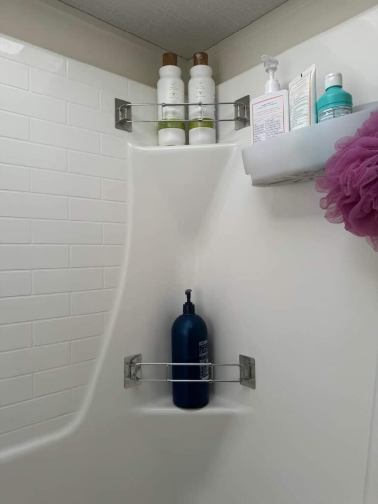 rv shower storage corner bar solution