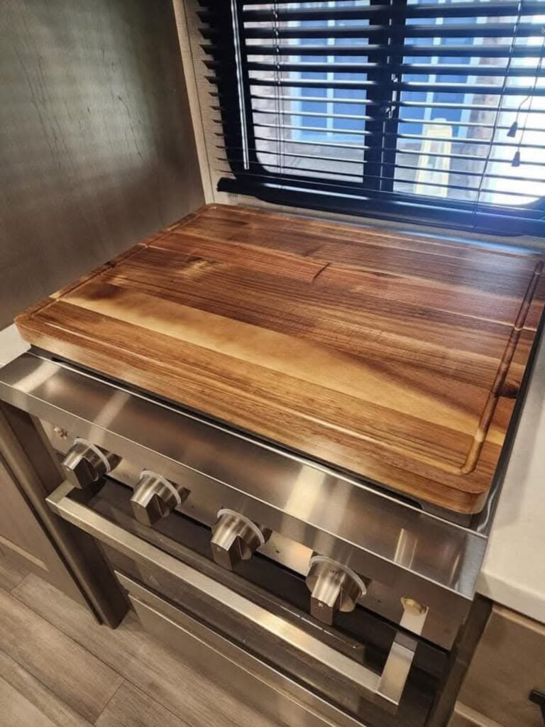 rv kitchen extra counter space cutting board hack