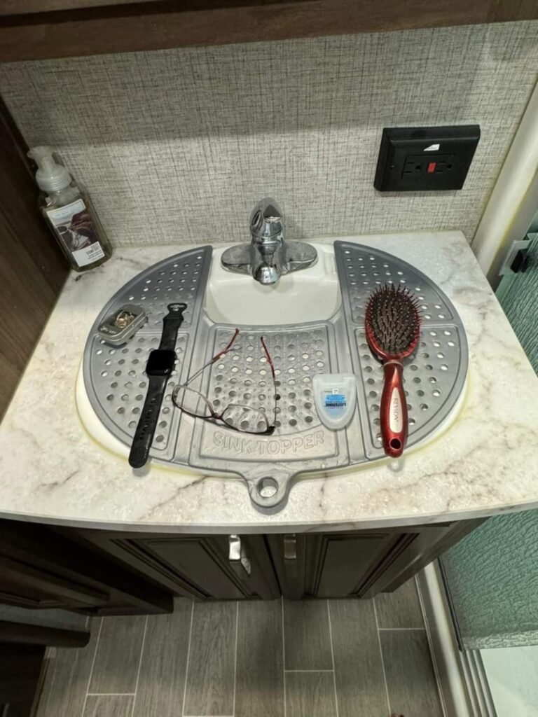 rv bathroom space saving sink cover hack