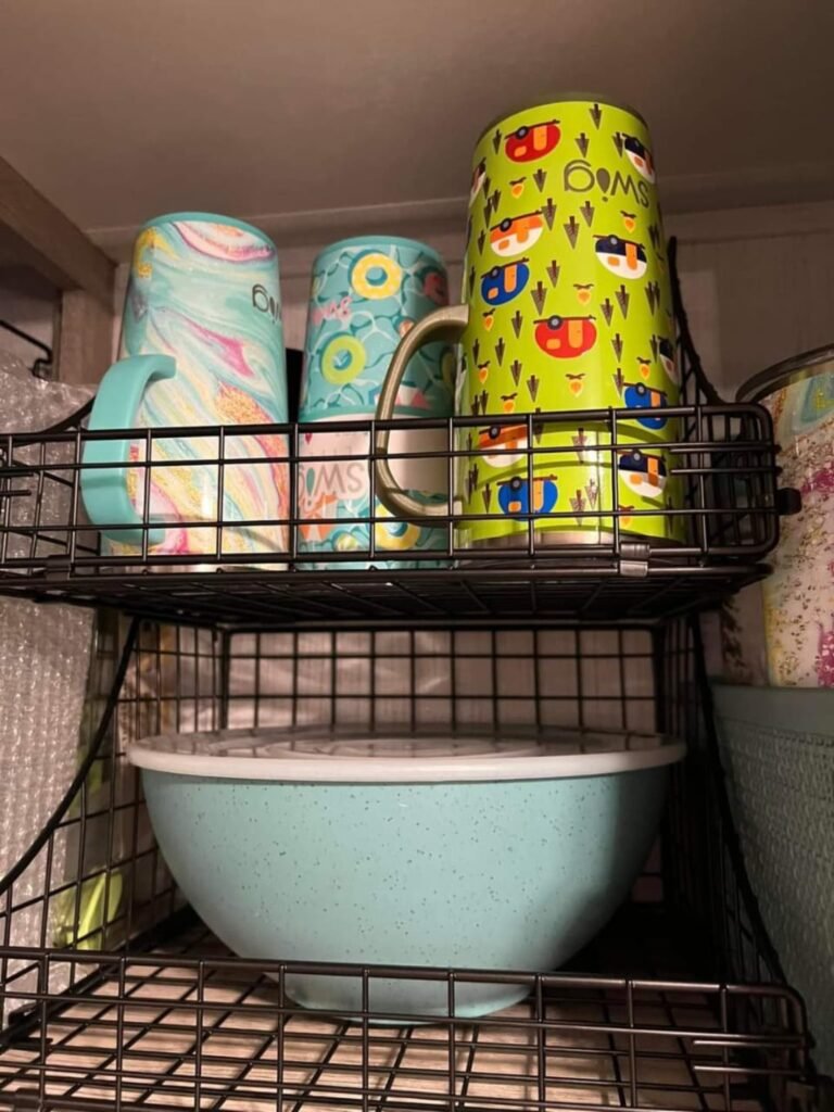 stackable wire shelves in RV cabinet